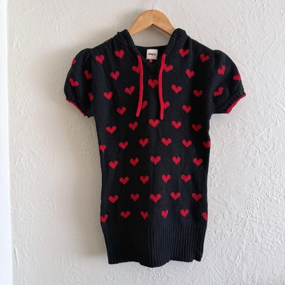 Only Black and Red Heart Hoodie Top With Puff Sleeves Size S